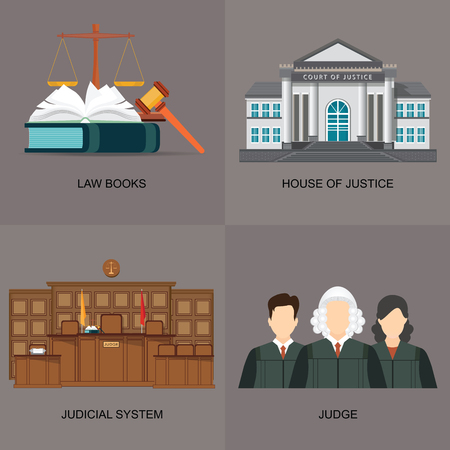Icon set with judicial system, law books,house of justice and judgesのイラスト素材