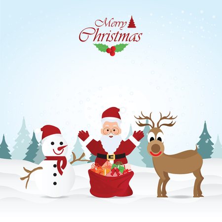 Merry Christmas Greeting Card with Christmas Santa Claus ,Snowman and reindeer Vector illustration.のイラスト素材