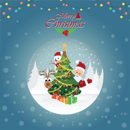Merry Christmas Greeting Card with Christmas Santa Claus ,Snowman, christmas tree and reindeer Vector illustration.のイラスト素材