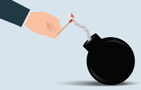 Businessman holding match in fire and sparks with a bomb vector illustration.のイラスト素材
