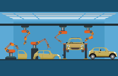 Car manufacturing process with robotic automotive assembly machine modern engineering systems vector illustration.のイラスト素材
