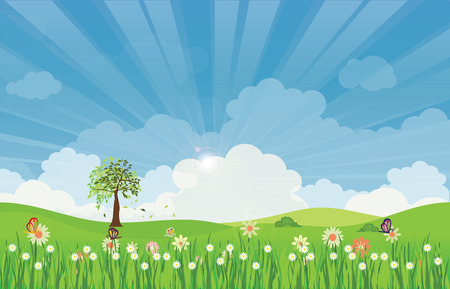 Spring summer meadow landscape with sun rays and flowersのイラスト素材