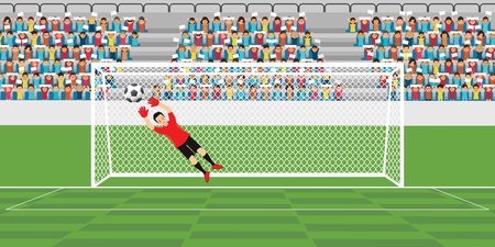 Goalkeeper jumping to catch soccer ball, football match team players sport championship vector illustration.のイラスト素材