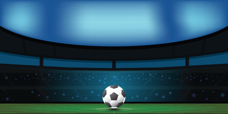 Soccer ball on green stadium, sport arena in night illuminated bright spotlights, vector illustration.のイラスト素材