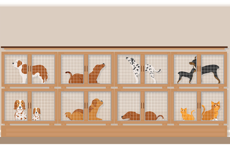 Cages of dogs and cats for sale in pet store, pet shop conceptual vector illustration.のイラスト素材