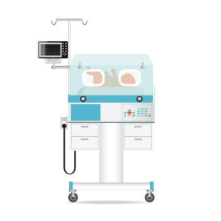 Infant incubator technology with new born baby in a medical center hospital, baby incubator vector illustration.のイラスト素材