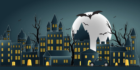 Paper art of happy halloween day ghost party with castle on moon in the sky over the abandoned village background, flat design vector illustration.のイラスト素材