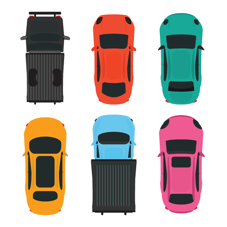 Top view of Colorful different car on white background, vehicles vector illustration.のイラスト素材