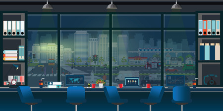 Coworking office interior workplace with in front of window on night cityscape view outside, interior modern center creative workplace horizontal banner empty workspace, vector illustration.のイラスト素材