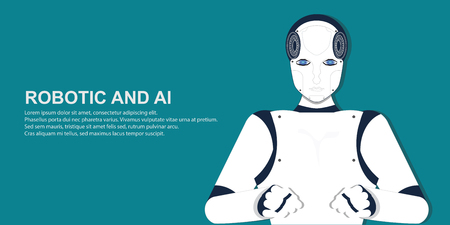Portrait of human robot , Artificial Intelligence cartoon on white background, conceptual vector illustration.のイラスト素材