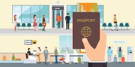 Hand holding passport book and boarding pass at the airport.People check-in at the airport with counter service, self service check in, business travel conceptual vector illustration.のイラスト素材