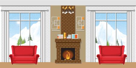 Winter home interior with a fireplace and winter mountain view through the window. Vector illustration of a winter vacation.のイラスト素材
