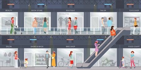 People shopping in a Shopping mall with modern retail store with many shops. Shopping interior center buiding design, restaurant and boutique, store and shop with food court, commercial vector illustration.のイラスト素材