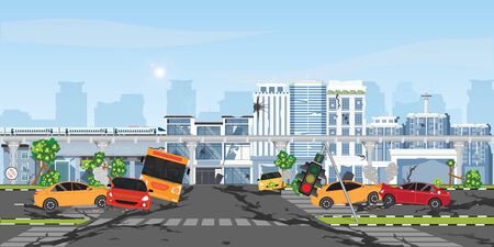 The earthquake destroyed building and street, Damaged city street. Earthquake damage, cataclysm damages road destruction and destroyed urban crossroad. War disaster or car destroy earthquake. Natural disasters vector illustration.のイラスト素材
