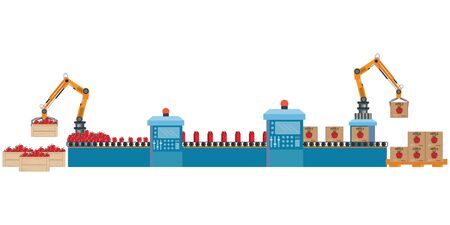 Factory packing conveyor apple juice of a box isolated on white.Design industrial automated food factory machine.Sweet sparkling water illustration vector.のイラスト素材