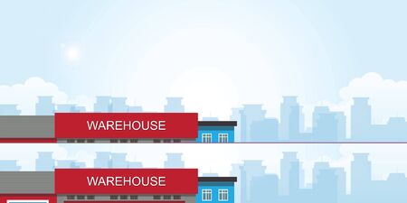 Commercial port with freight train. Workers loading the truck with packaged goods at the industrial warehouse with a forklift truck, vector illustration.のイラスト素材