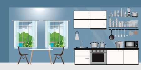 Kitchen interior with furniture. Cozy kitchen interior with table, stove, cupboard, Flat style vector illustration.のイラスト素材