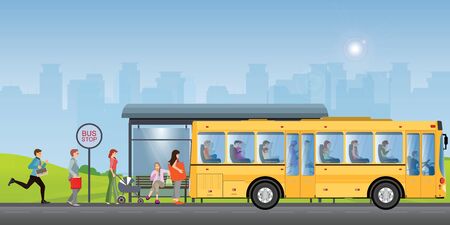 Passengers at the bus stop. People getting on bus at shelter stop in city flat poster with...