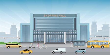 Commercial shopping mall building center, front view of modern shopping mall building exterior vector illustration.のイラスト素材