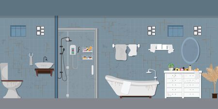 Dirty bathroom interior with furniture, toilet sink bath and accessories in a modern style. Flat vector illustration.のイラスト素材
