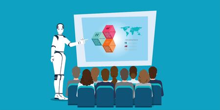 Artificial intelligence robot explaining presentation on board to business people team. Technology concept vector illustration.のイラスト素材