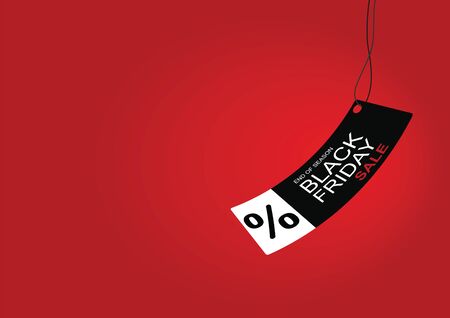 Black friday sale tag promotion banner on red background. Seasonal discounts, special offer, advertising poster, vector illustration.のイラスト素材
