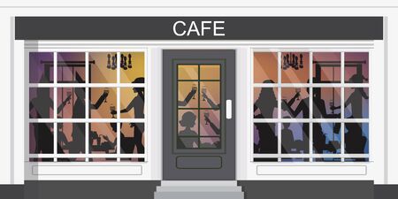 Silhouettes of men and women standing at a party ,friends celebrating restaurant, people enjoying...