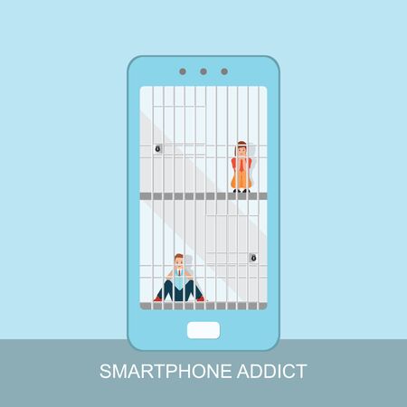 Smart phone prisoner and addiction concept.people addicted to cellphone. Unhappy character inside smart phone, as symbol of danger of being enslaved by technology, vector illustration.のイラスト素材