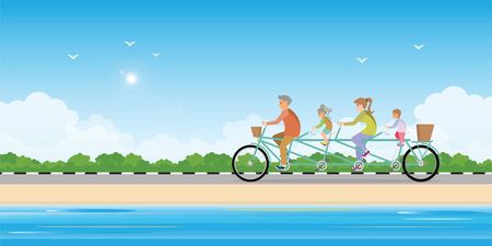 Happy family cycling tandem bicycle on beach, healthy lifestyle cartoon Vector illustration.のイラスト素材