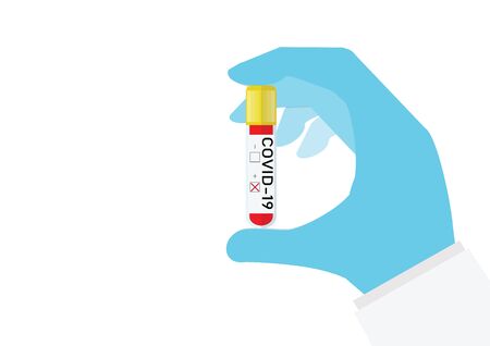 Hand holding test tube with blood sample for COVID-19 test. Positive test result for the new rapidly spreading Coronavirus Covid-19, originating COVID corona virus disease 2019, vector illustration.のイラスト素材