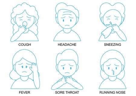 COVID-19 symptom set. Corona Infection Virus Symptoms. Cartoon has Cough , Runny Nose , Fever , Sore Throat and sneezing in Coronavirus or Covid-19 Outbreak.Medical and Treatment vector illustration.のイラスト素材