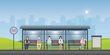 Social distancing concept with people wearing medical masks at the bus stop. keep spaces between each chairs make separate for social distancing, increasing physical space between people to avoid spreading illness during transmission of COVID-19.vector illustration.のイラスト素材
