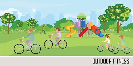 Sport outdoors activity with playground in the public park on the City view background.People are running, cycling and relaxing. healthy lifestyle concept vector illustration.のイラスト素材