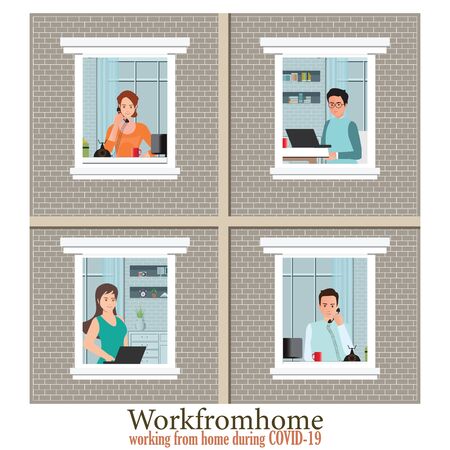 Windows with Employees are working from home to avoid spreading COVID-19. The concept of social isolation during the coronavirus pandemic. conceptual vector illustration.のイラスト素材