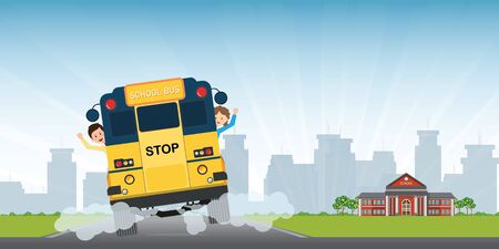 Happy smiling kids riding on a view of the entire rear of the school bus, vector illustration.のイラスト素材