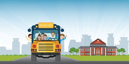Happy smiling kids riding on a yellow school bus with a driver on school building view background. vector illustration.のイラスト素材