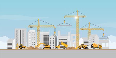 Process of construction of big building dormitory area.Under construction Building work process with construction machines. Vector illustration.のイラスト素材