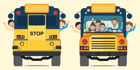 Yellow school bus back and front view with happy smiling kids riding on the school bus, vector illustration.のイラスト素材
