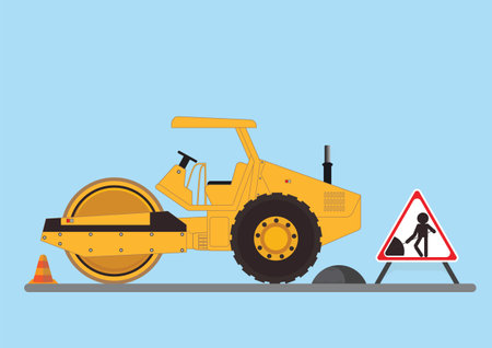 Repair the road surface. Road roller makes the paving on street.Road under construction flat style...