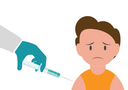 Vaccination time concept. Stop coronavirus concept, making vaccine injection in shoulder, medical staff vaccinates kid patients in clinic.Kids vaccination poster Vector illustration.のイラスト素材
