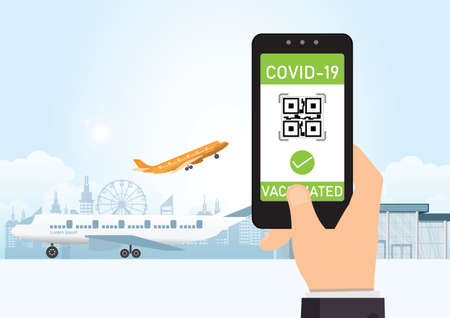 Vaccine passport,Tourist using immunity passport app in mobile phone for travel, vector...
