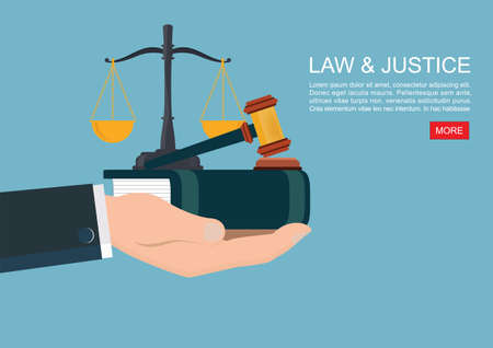 Law books and gavel with Hand concept vector.Hand holds law books and gavel.Law and justice, concept banner. Judge or lawyer with the attributes of the judicial system. Landing page, template. Flat vector illustrationのイラスト素材