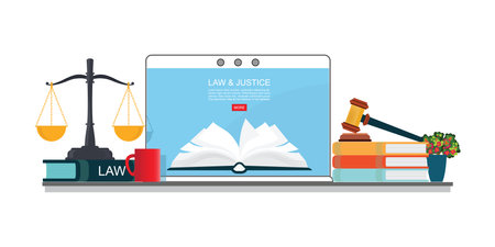 Law books with a judge's gavel and scales on laptop isolated on white background, judicial and law system Conceptual Vector illustration.のイラスト素材