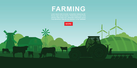 Farm animals silhouettes, Landscape of Agriculture industry.Farmer driving a tractor in farmland. Agriculture and animal husbandry concept, rural landscape, vector illustration.のイラスト素材