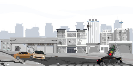Natural disaster or earthquake disaster and destruction of houses, ,destroyed buildings, disaster in the city vector in flat style vector illustration.のイラスト素材