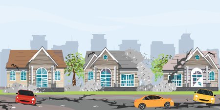 Destroyed town landscape after quake or disaster. Damaged house, cars and holes in ground. Destruction cityscape with cracks and damages on buildings. Earthquake city vector illustration.のイラスト素材