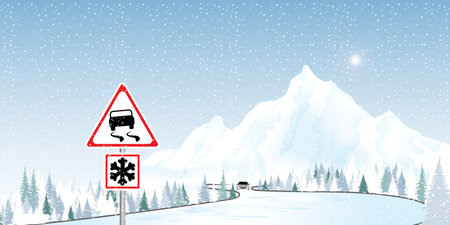 Road sign warns of ice and snow at winter.Warning sign driving in winter, winding country roads in winter, risks snow and ice.vector illustration.のイラスト素材