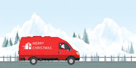 Santa Claus driving a red courier van under the snow and carrying Christmas gifts, isolated on white vector illustration.のイラスト素材