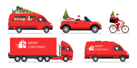 Set of Santa Claus driving a red courier van, car, truck, and bicycle with delivering gifts, transportation isolated on white vector illustration.のイラスト素材