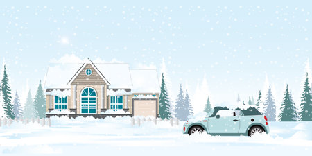 Car and house covered with snow, buried under it. Snowy landscape with auto and home in cold weather. Snowbanks in frost after snowstorm, Flat vector illustration.のイラスト素材